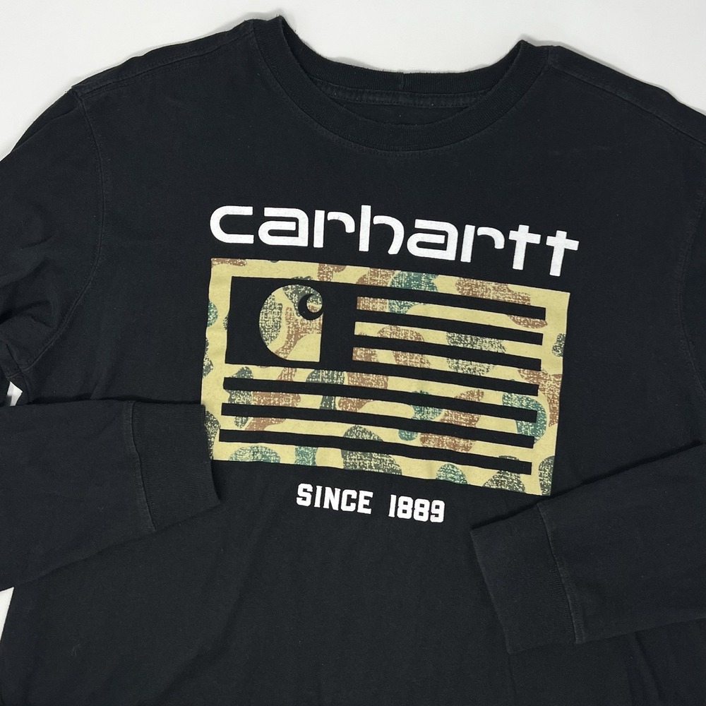 Carhartt Shirt Men Medium Black Camo Logo Graphic Long Sleeve Crew Neck Pullover